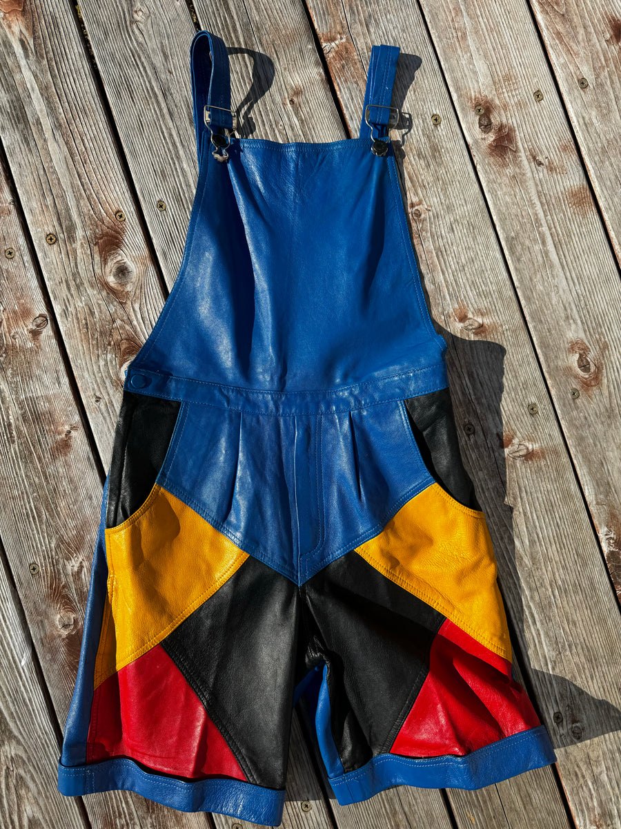 Vintage 90s Colorblock Leather Overall Shorts - Size 32 (32