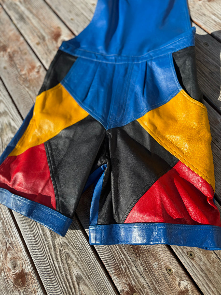 Vintage 90s Colorblock Leather Overall Shorts - Size 32 (32