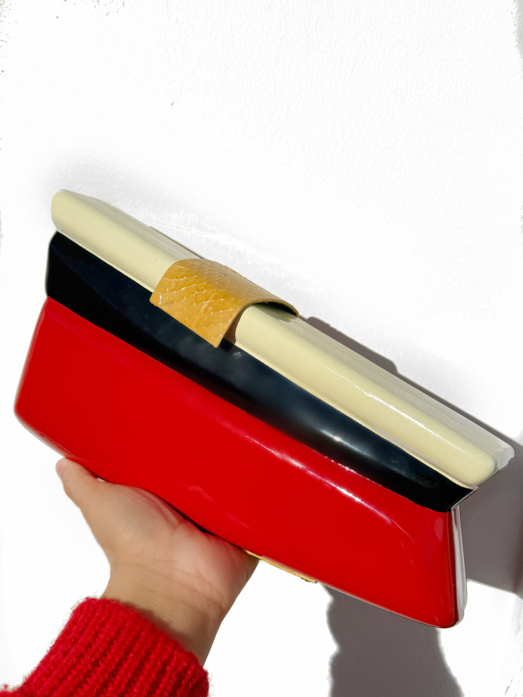 Vintage 80’s Signed Marc Levine Lacquer Clutch / Convertible Crossbody – Red, Black & Ivory with Snakeskin Detail