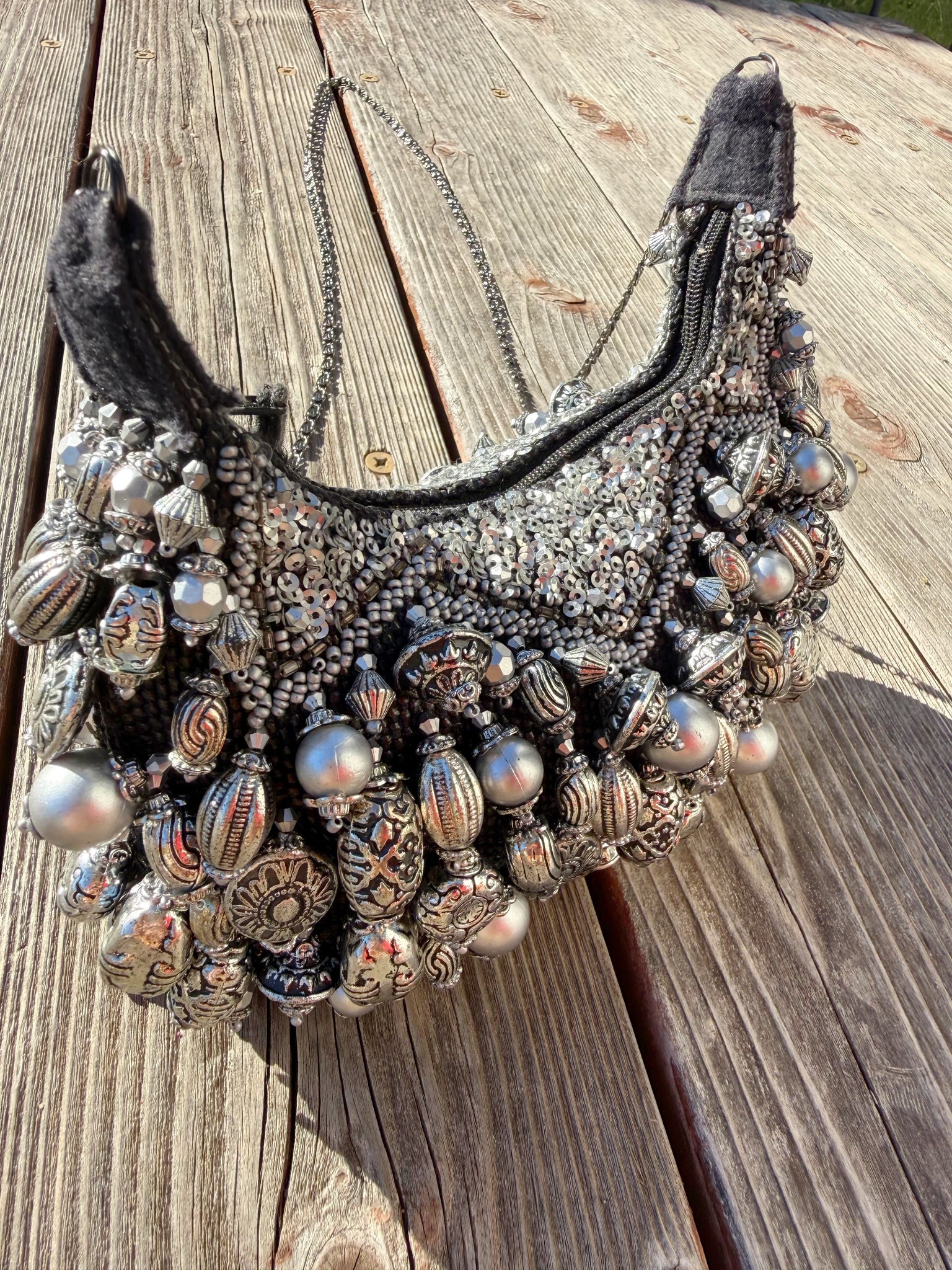 Vintage Mary Frances Beaded Fringe Charm Drawstring Pouch 