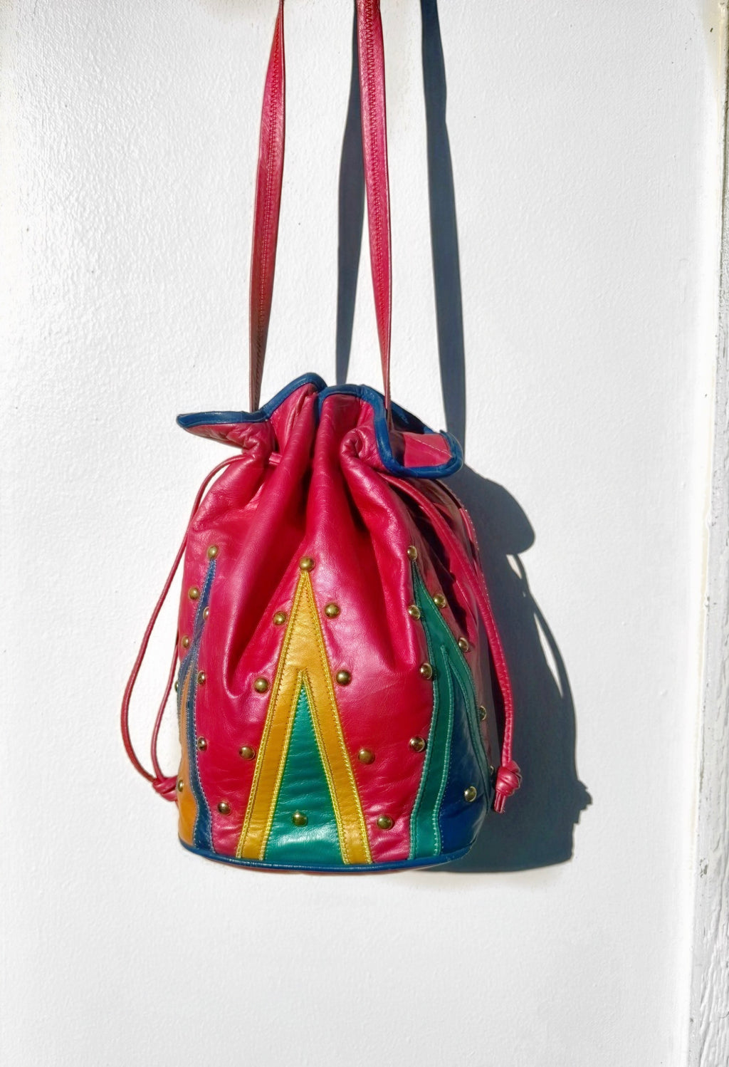 (NWT) Vintage Leather Multicolor Studded Drawstring Bucket Bag