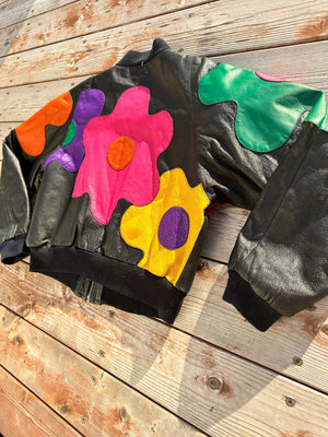 Vintage Leather 80s Colorblock Floral Jacket