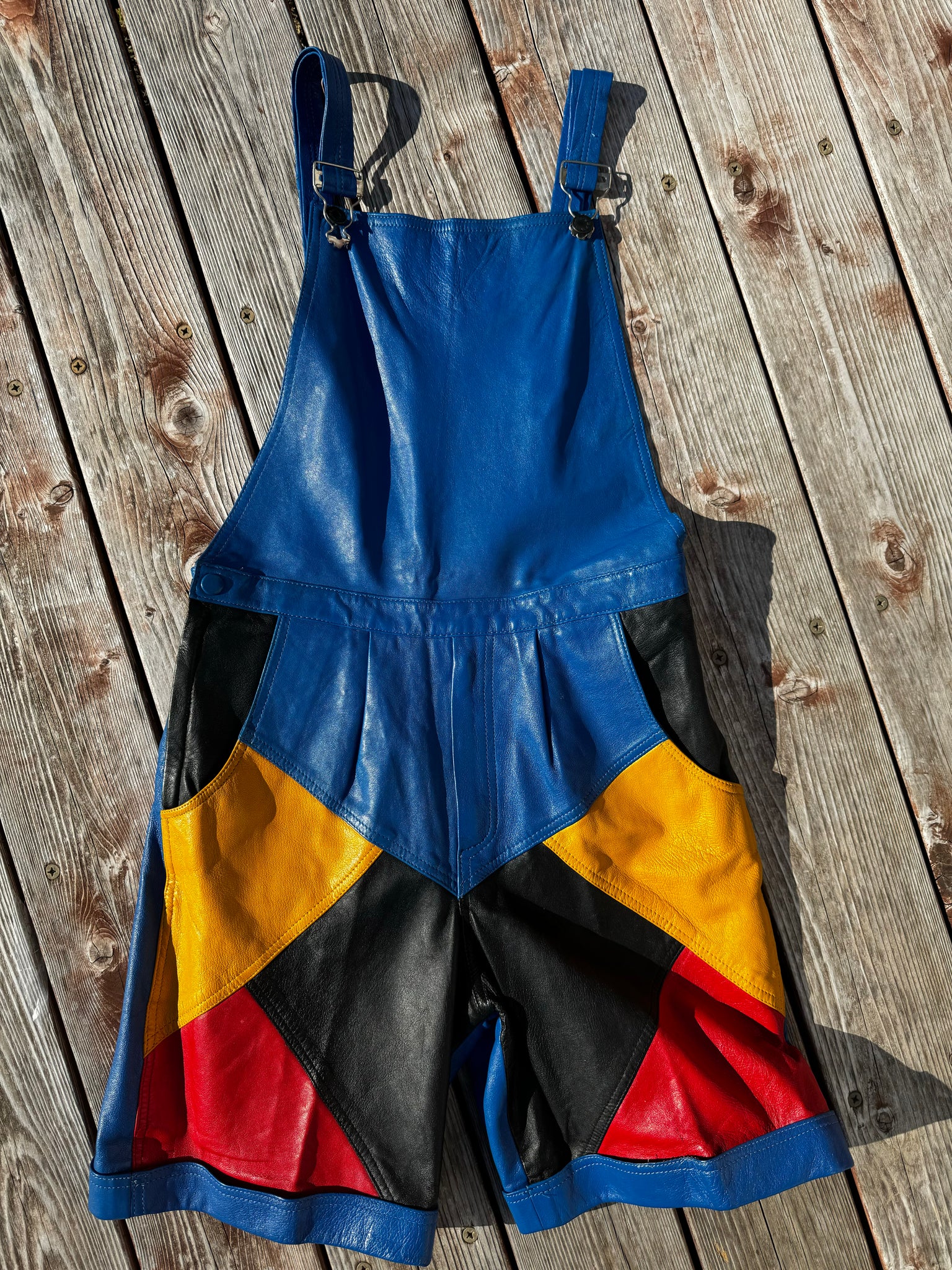 Vintage 90s Colorblock Leather Overall Shorts - Size 32 (32” Waist Vintage 90s Colorblock Leather Overall Shorts - Size 32 (32” Waist