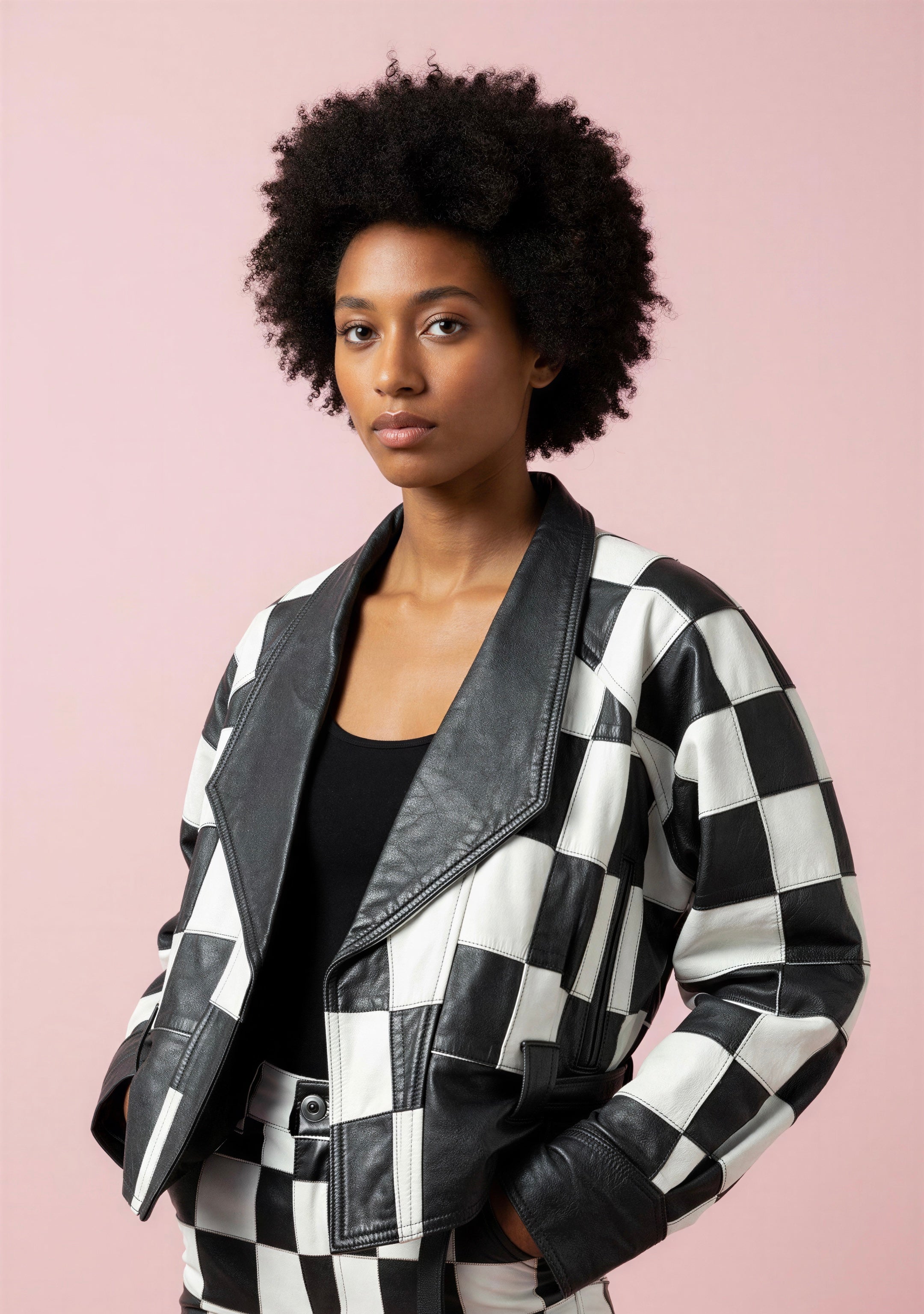 Black & White チェック柄ジャケット Vintage 80's Black & White Checkered Leather Jacket –(XS-M