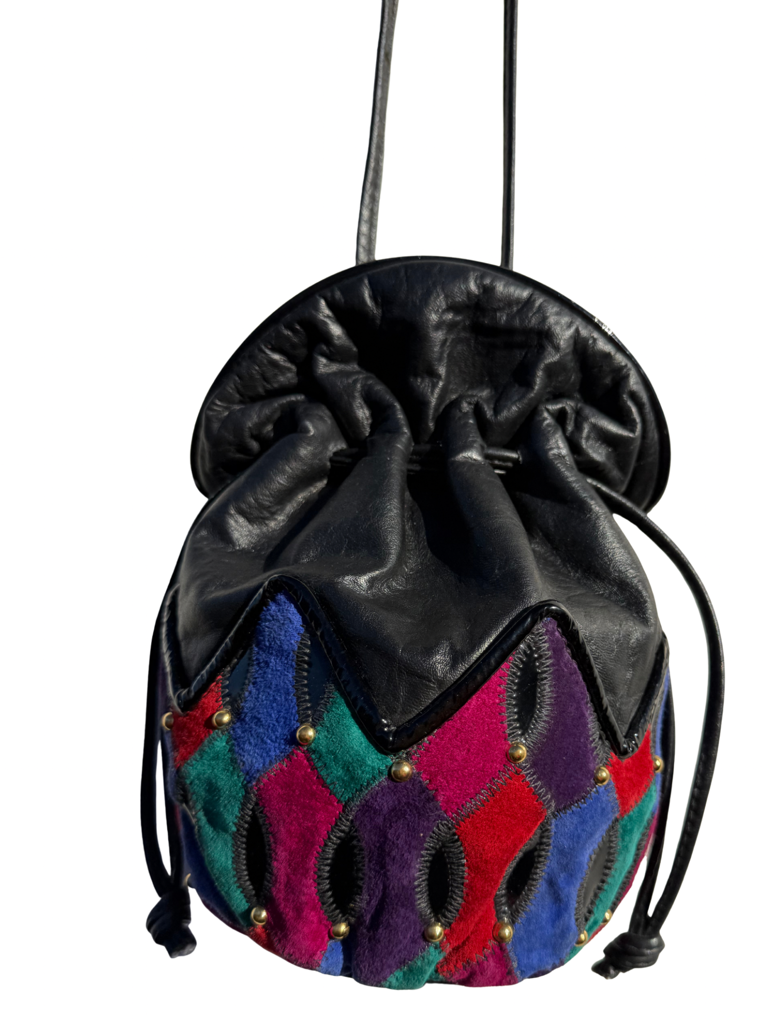 Vtg Saks Fifth Avenue Multicolor Patchwork Velvet & Metallic Drawstring Bag Vintage Patchwork Blue Saks Fifth Handbag 80s USA Shoulder  main image 3