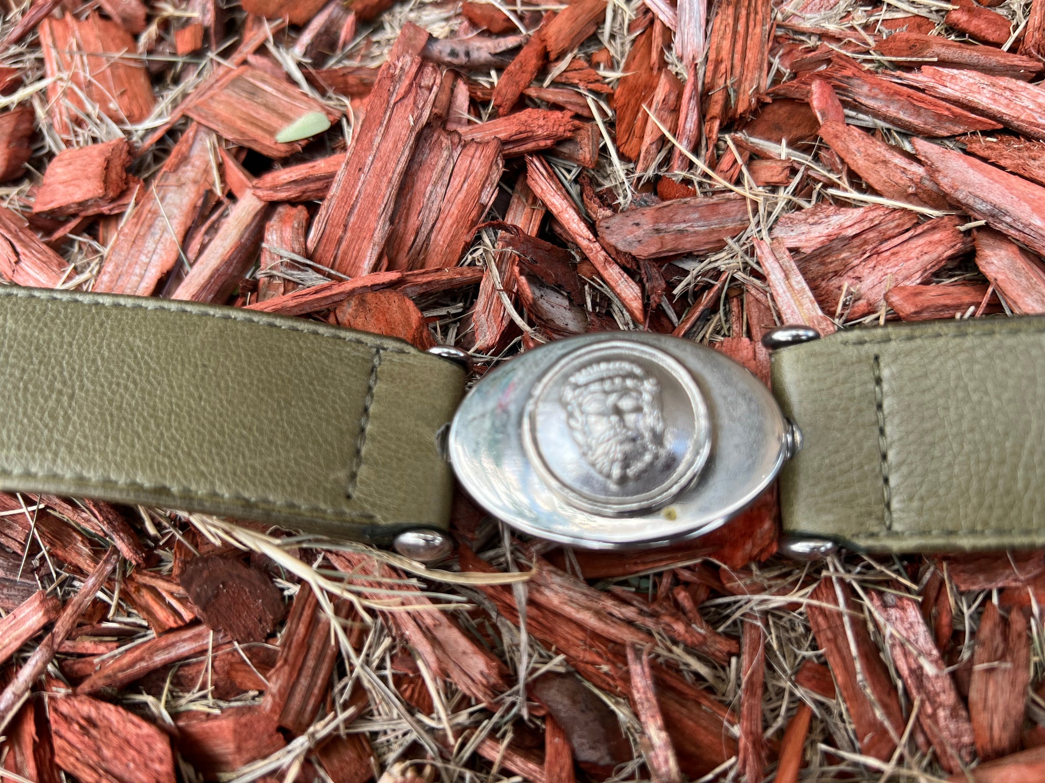 Vintage RARE 90s Isante by Gianni Versace Zeus Head Olive Green Leather Belt